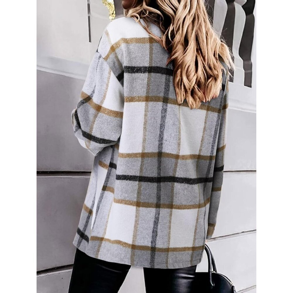 Women Gray Collared V Neck Button Down Oversized Long Sleeve Shirt Top - Picture 5 of 5